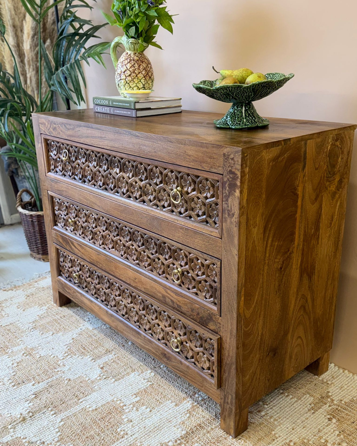Jali Inspired Hand-Carved Mango Wood Chest of Drawers – Natural Polished Finish
