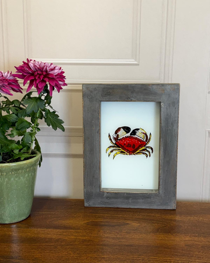 Hand-Painted Red Crab Oil Painting – Reclaimed Wooden Frame (22 x 29 cm)