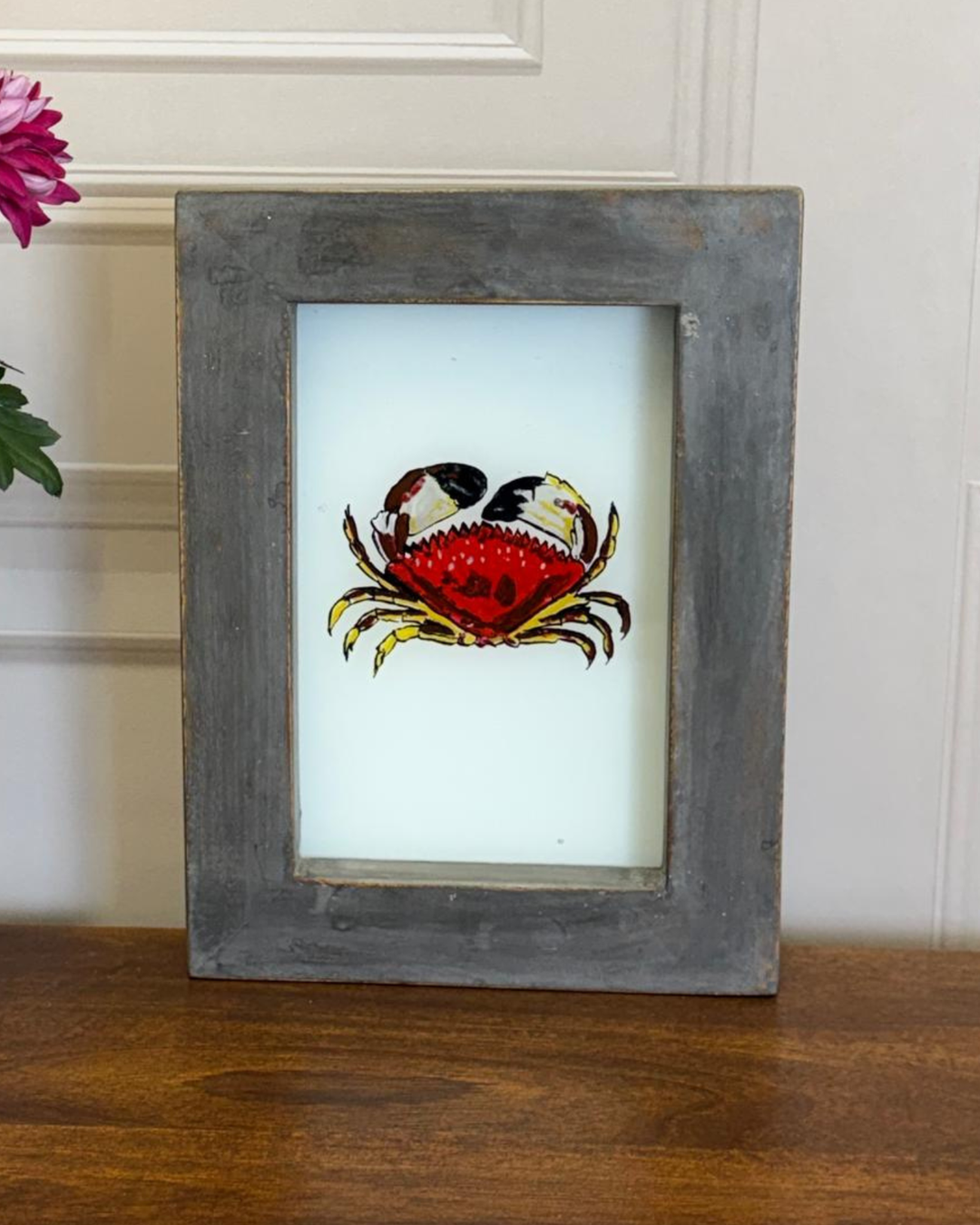Hand-Painted Red Crab Oil Painting – Reclaimed Wooden Frame (22 x 29 cm)