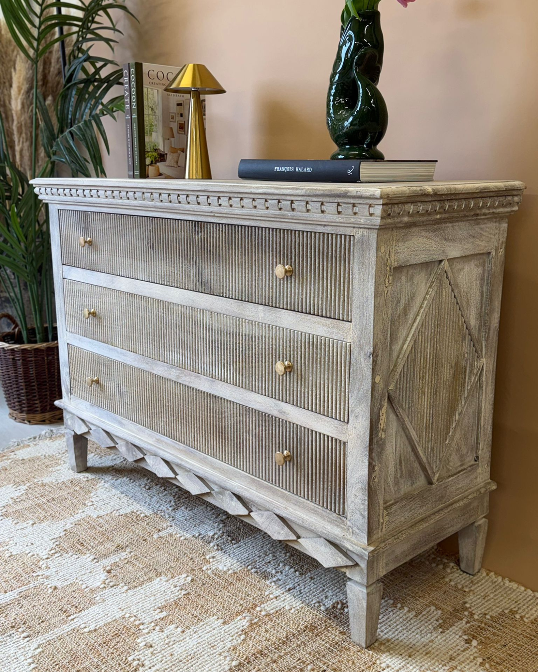 Whitewashed Mango Wood Chest of Drawers with Linear Carved Detail