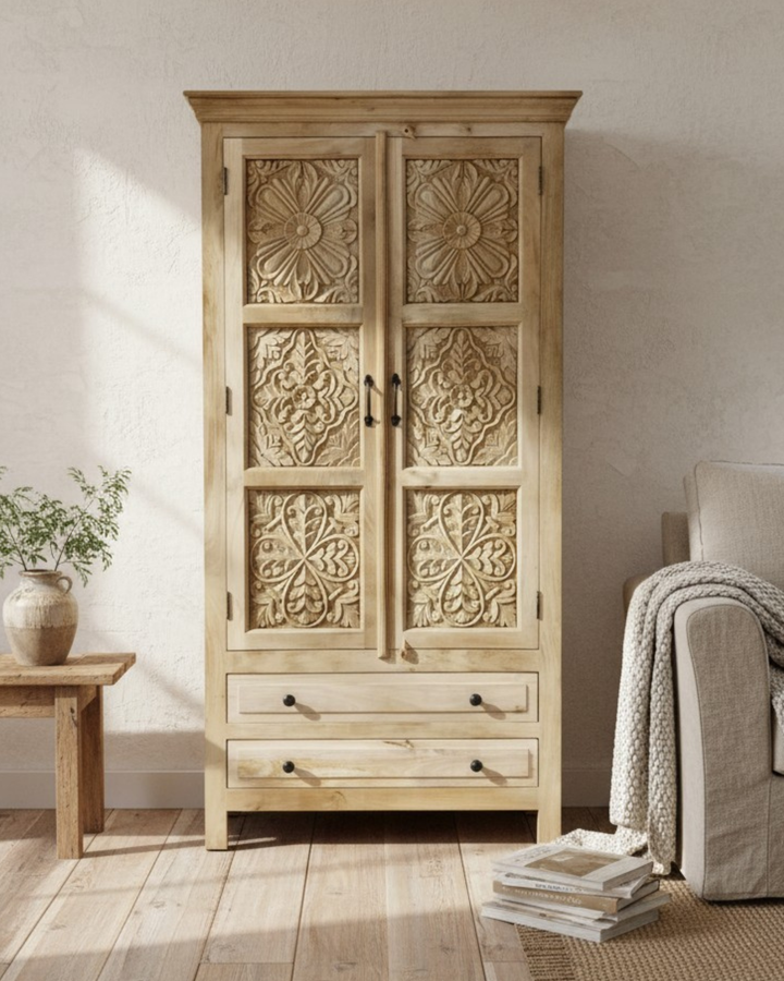 Armario de madera de mango de dos puertas y dos cajones – Acabado natural claro