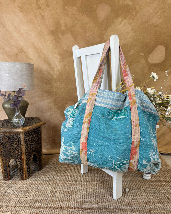 Handmade Upcycled Sari Tote Bag – Turquoise with Floral Straps | Multi-Purpose Everyday &amp; Beach Bag