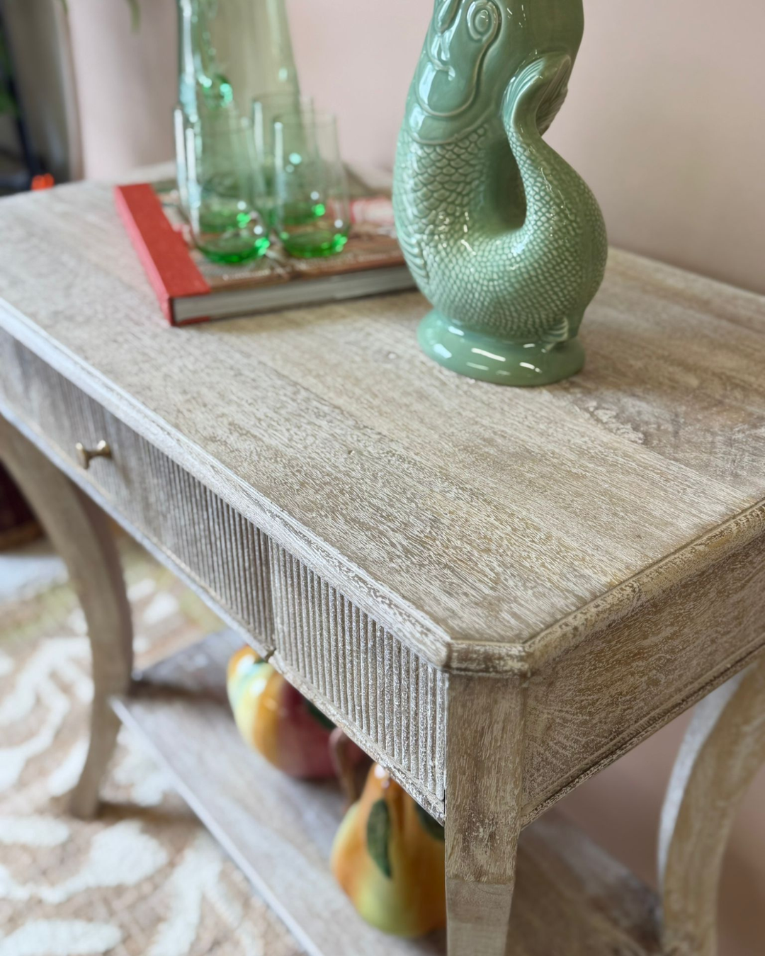 Lightly Whitewashed Mango Wood Console Table with Drawer and Shelf