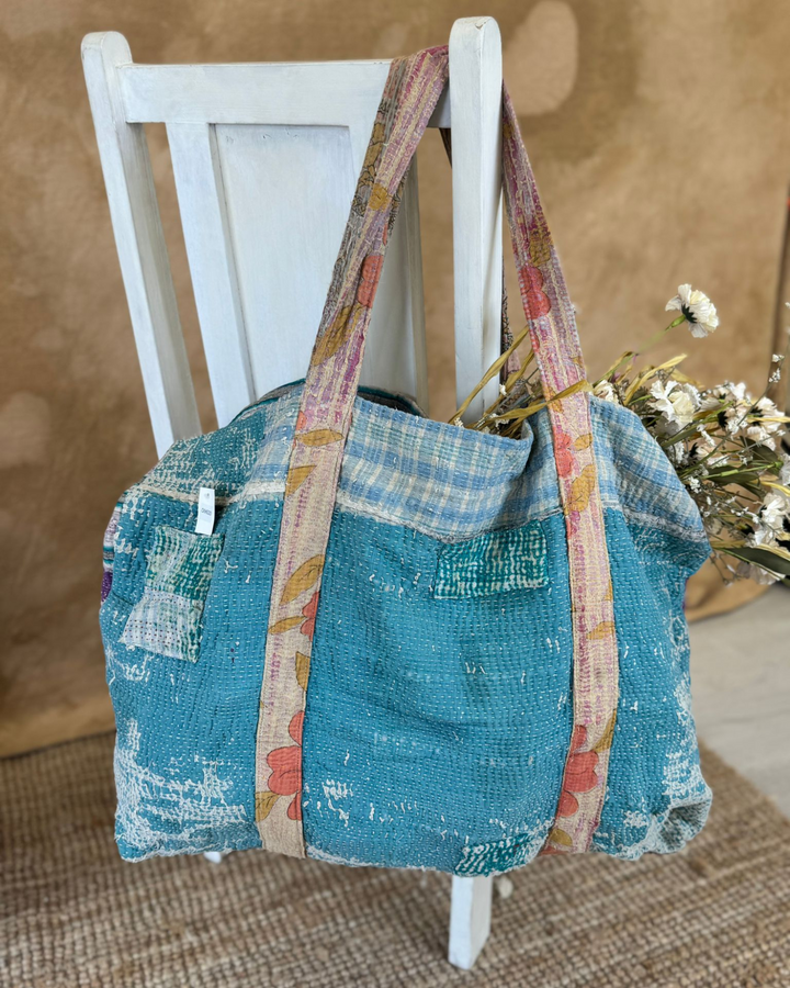 Handmade Upcycled Sari Tote Bag – Turquoise with Floral Straps | Multi-Purpose Everyday &amp; Beach Bag