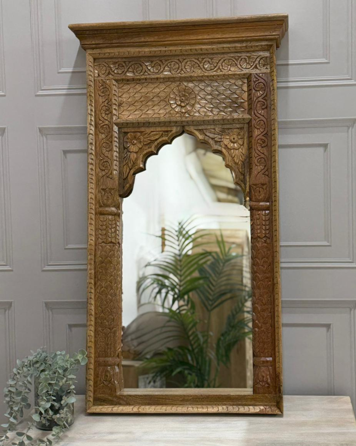 Hand-Carved Mango Wood Arch Mirror – Natural Polished Finish