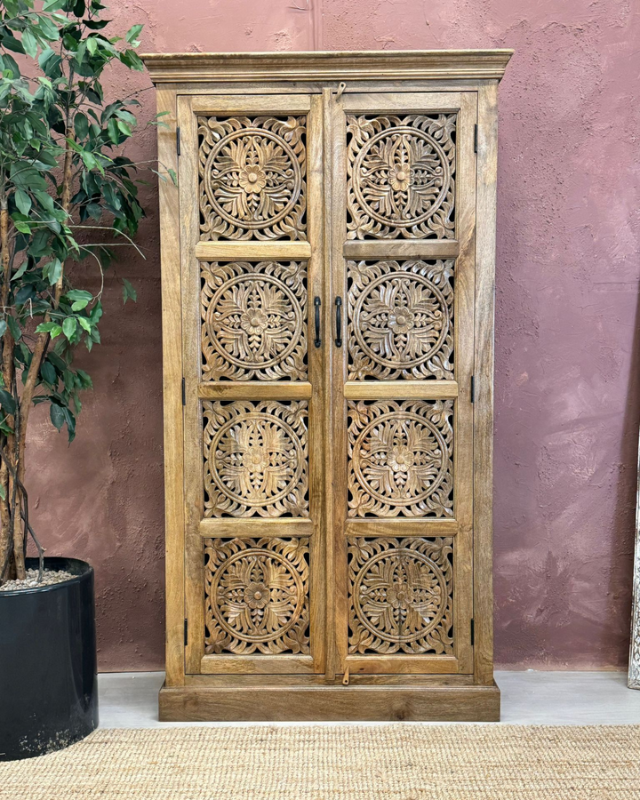 Hand-Carved Mango Wood Armoire with Circular Floral Design – Natural Finish