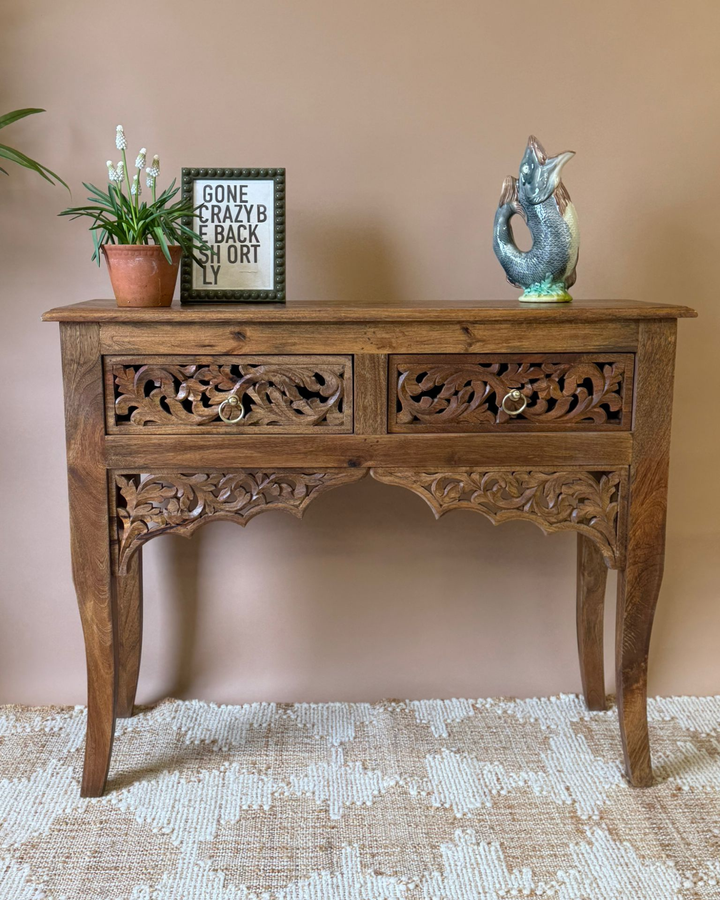 Hand-Carved Mango Wood Console Table with Floral Openwork