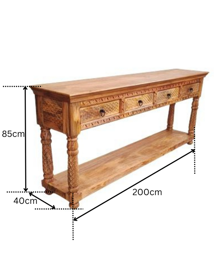 Consola de madera de mango tallada a mano con cuatro cajones