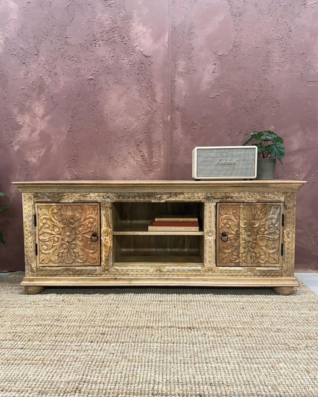 Mueble de TV/aparador de madera de mango tallada a mano, acabado blanqueado o natural