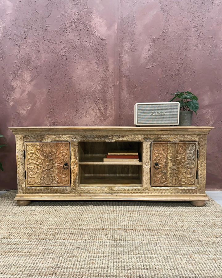 Mueble de TV/aparador de madera de mango tallada a mano, acabado blanqueado o natural