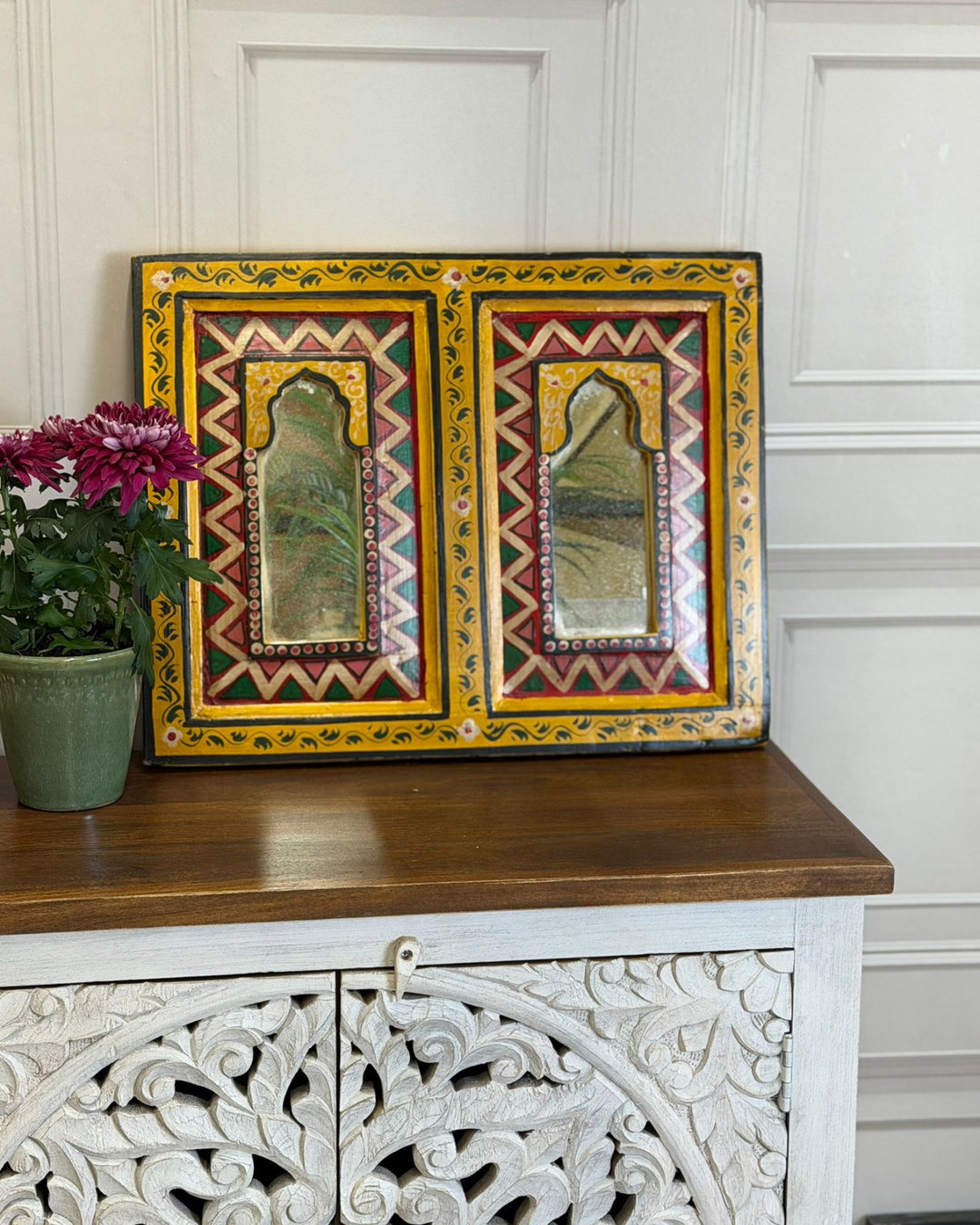 Hand-Painted Vintage Mango Wood Double Mirror