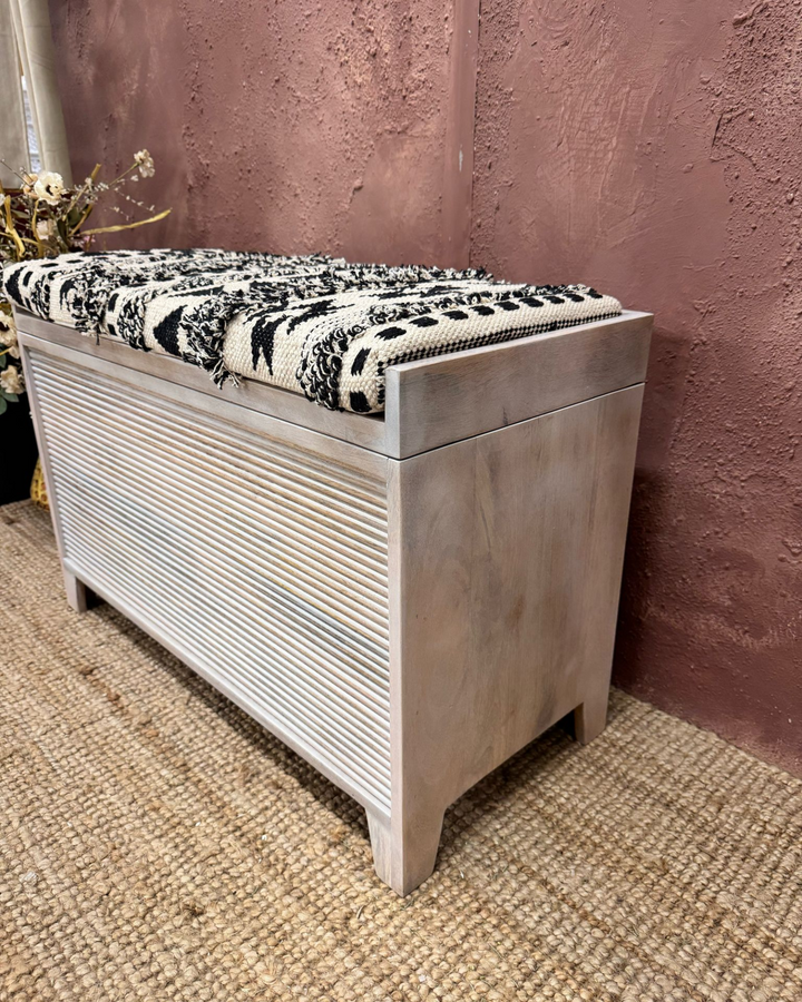 Banco otomano de almacenamiento de madera de mango y algodón tejido (dos tamaños)