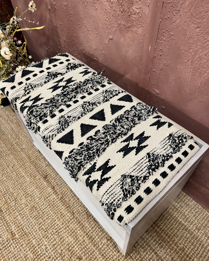 Banco otomano de almacenamiento de madera de mango y algodón tejido (dos tamaños)