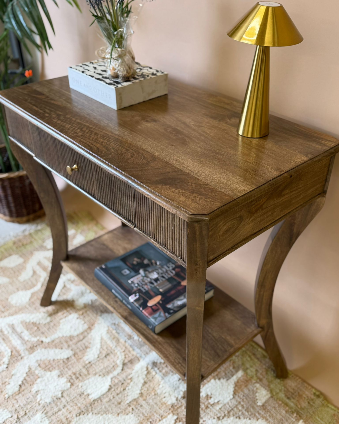 Chestnut Washed Mango Wood Console Table with Drawer and Shelf
