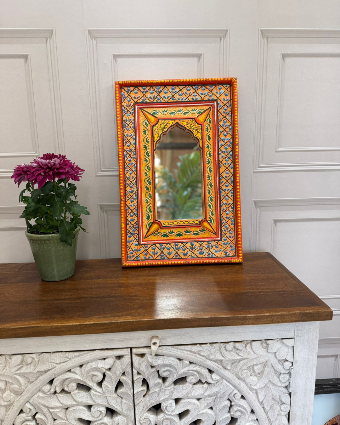 Hand-Painted Mango Wood Mirror – Orange &amp; Blue Floral Frame (58 x 38 x 4 cm)