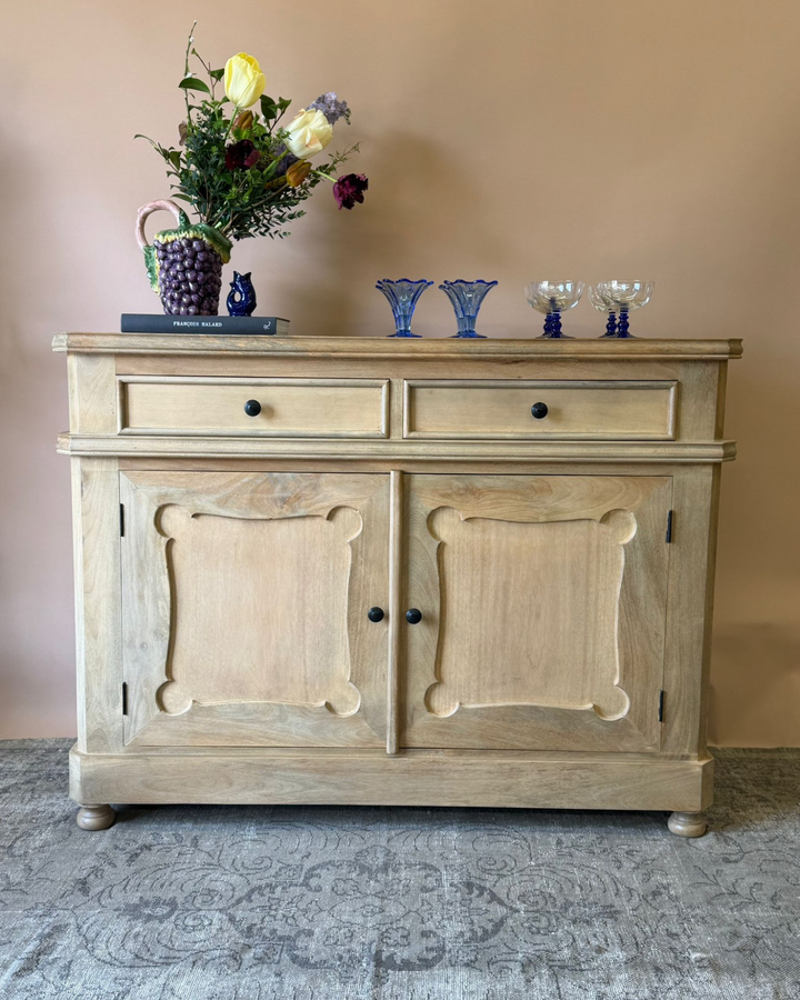 Large Natural Mango Wood Sideboard with Two Doors, Two Drawers and Internal Shelf