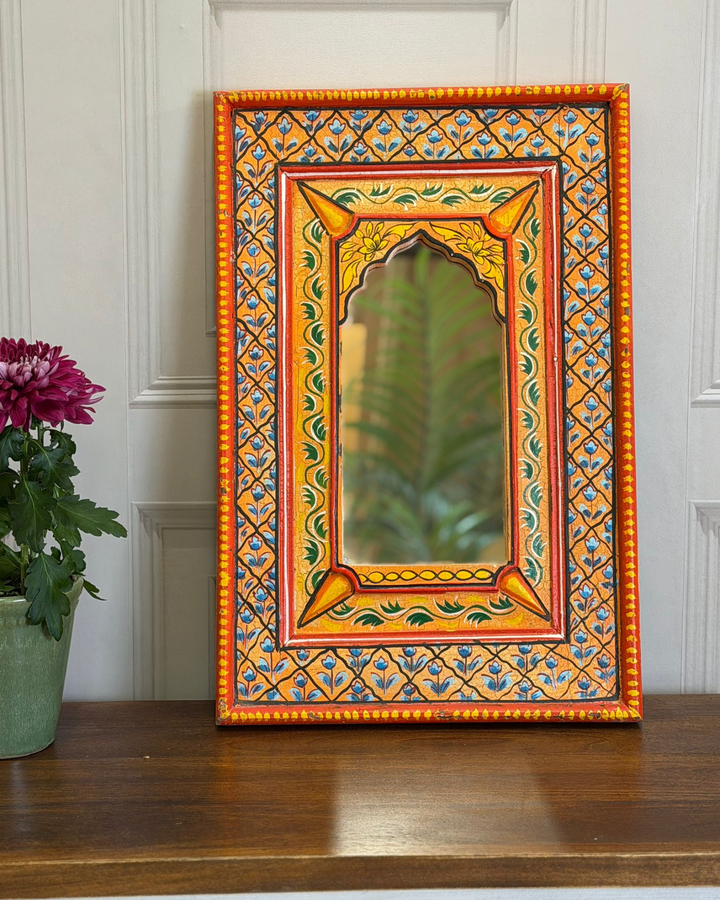 Hand-Painted Mango Wood Mirror – Orange &amp; Blue Floral Frame (58 x 38 x 4 cm)
