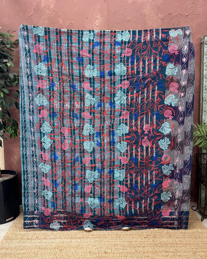 Vintage Hand-Embroidered Kantha Throw – Midnight Blue Sari with Red &amp; Aqua Florals