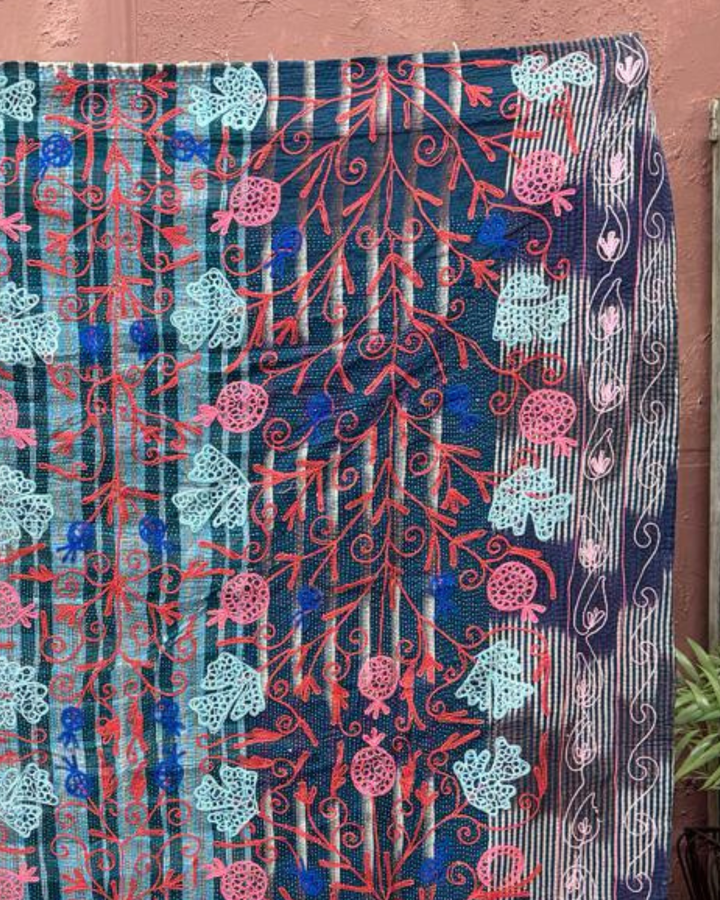 Vintage Hand-Embroidered Kantha Throw – Midnight Blue Sari with Red &amp; Aqua Florals