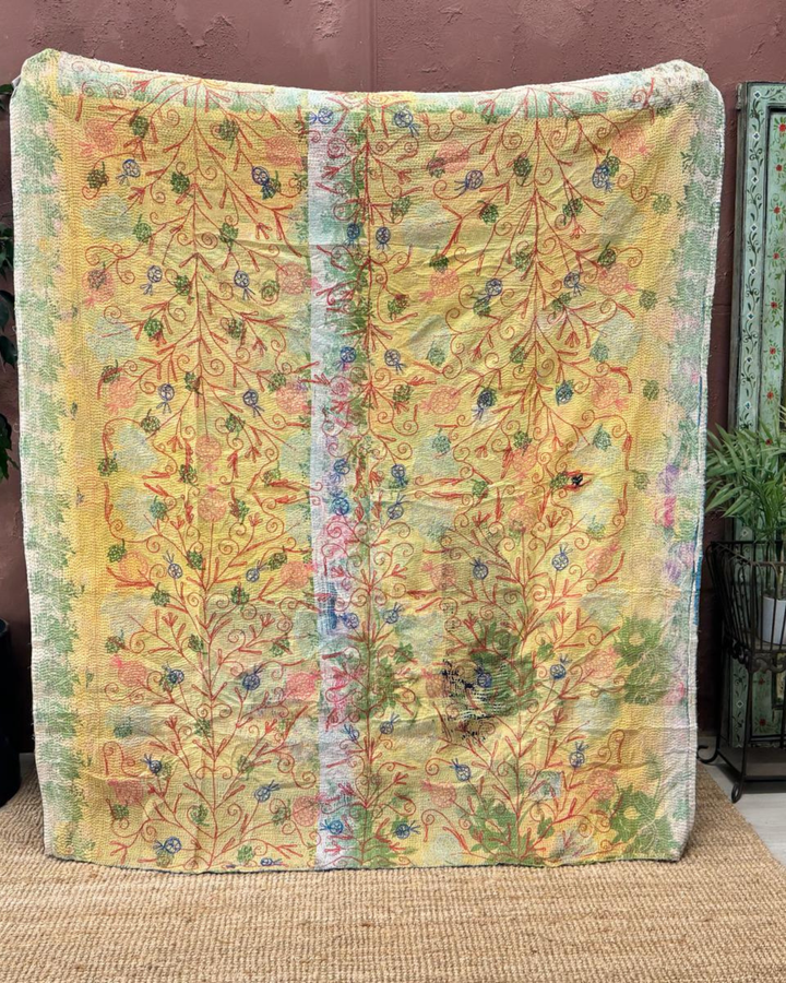 Vintage Hand-Embroidered Kantha Throw – Midnight Blue Sari with Red &amp; Aqua Florals