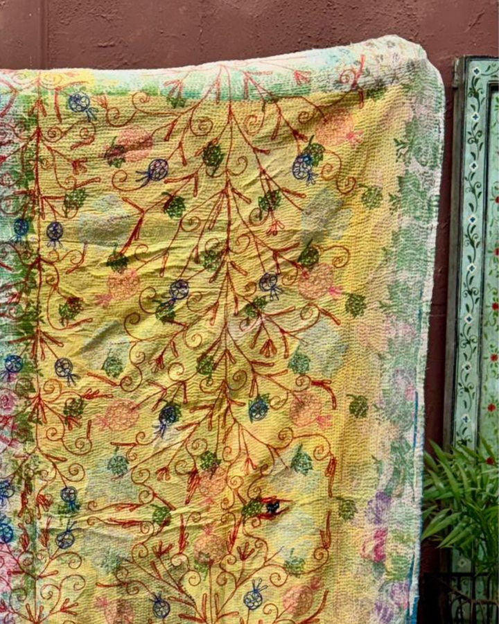 Vintage Hand-Embroidered Kantha Throw – Midnight Blue Sari with Red &amp; Aqua Florals