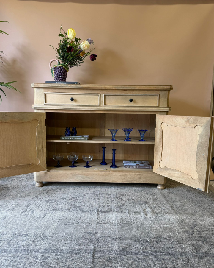 Large Natural Mango Wood Sideboard with Two Doors, Two Drawers and Internal Shelf