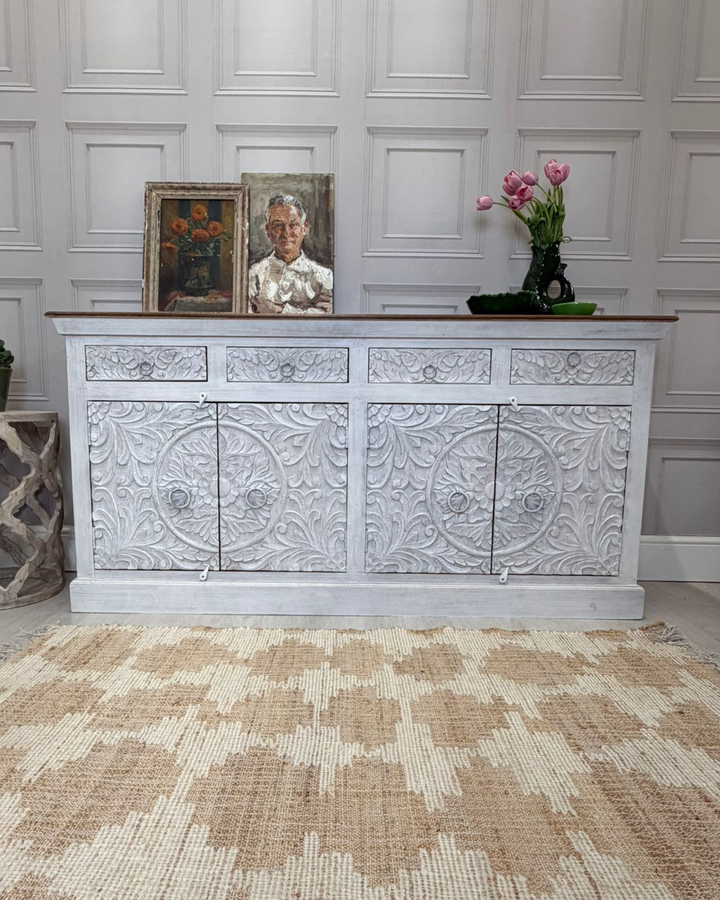 Hand-Carved Mango Wood Sideboard with Floral Detailing – Whitewashed Finish