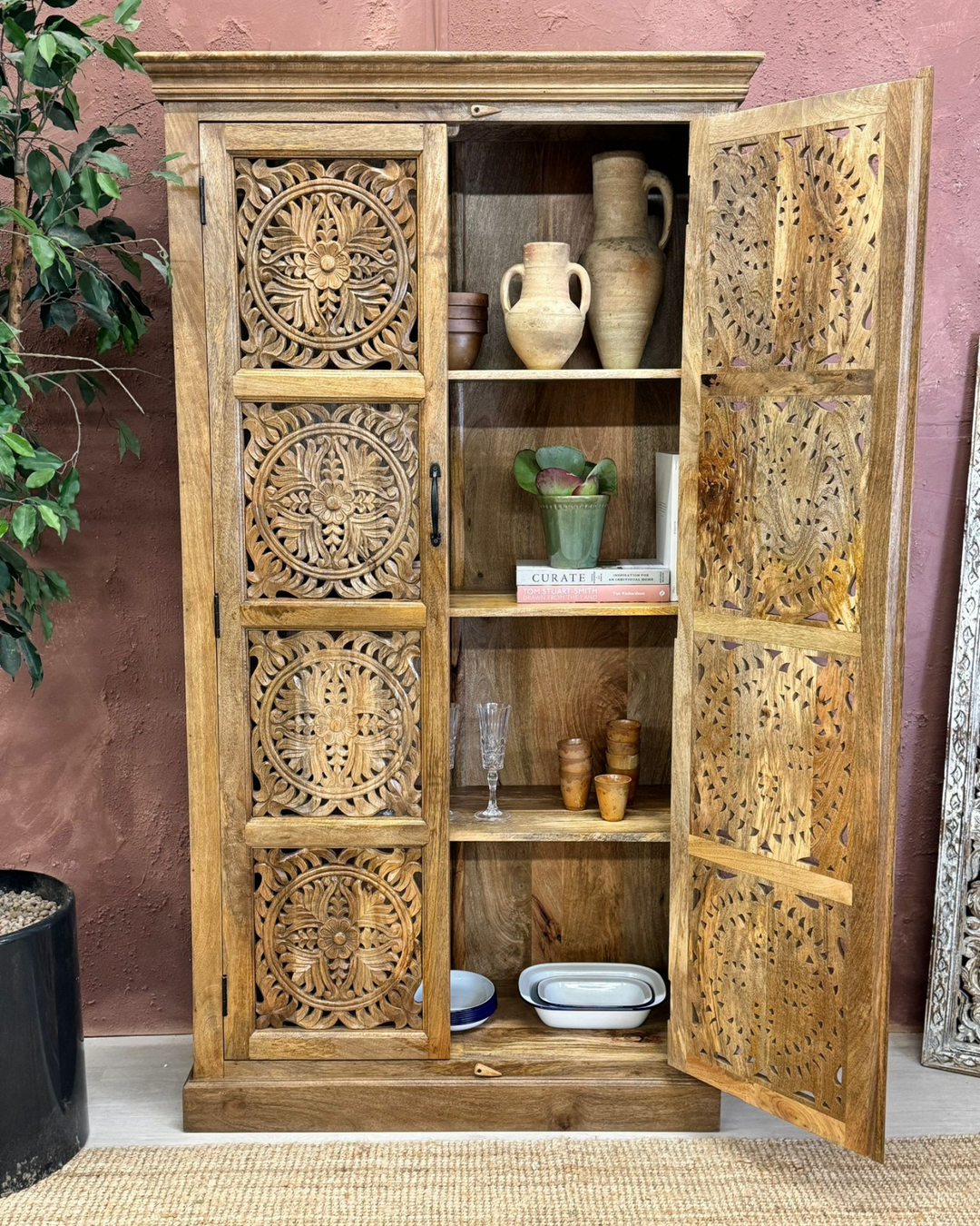 Hand-Carved Mango Wood Armoire with Circular Floral Design – Natural Finish