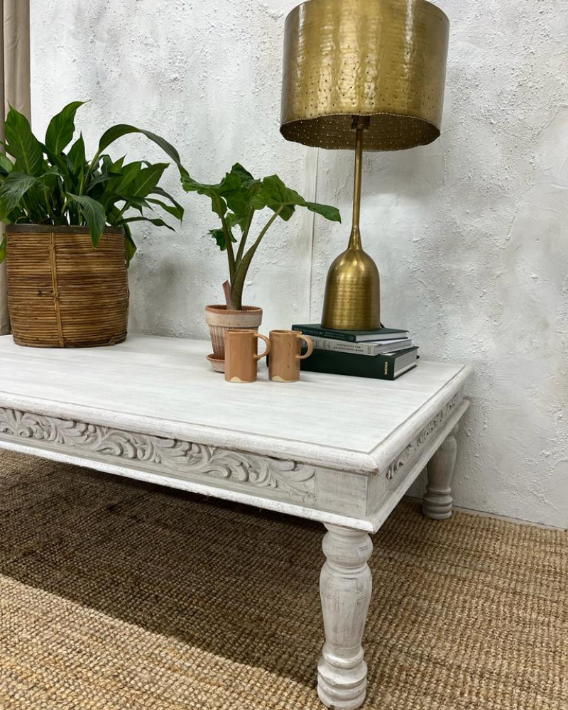 Hand-Carved Mango Wood Coffee Table – Whitewashed Finish
