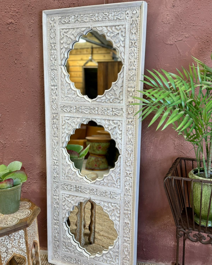 Large Hand-Carved Mango Wood Wall Mirror – Traditional Indian Motifs