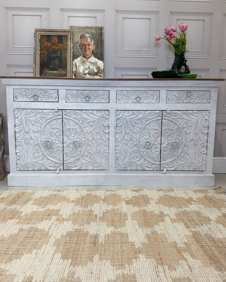 Hand-Carved Mango Wood Sideboard with Floral Detailing – Whitewashed Finish