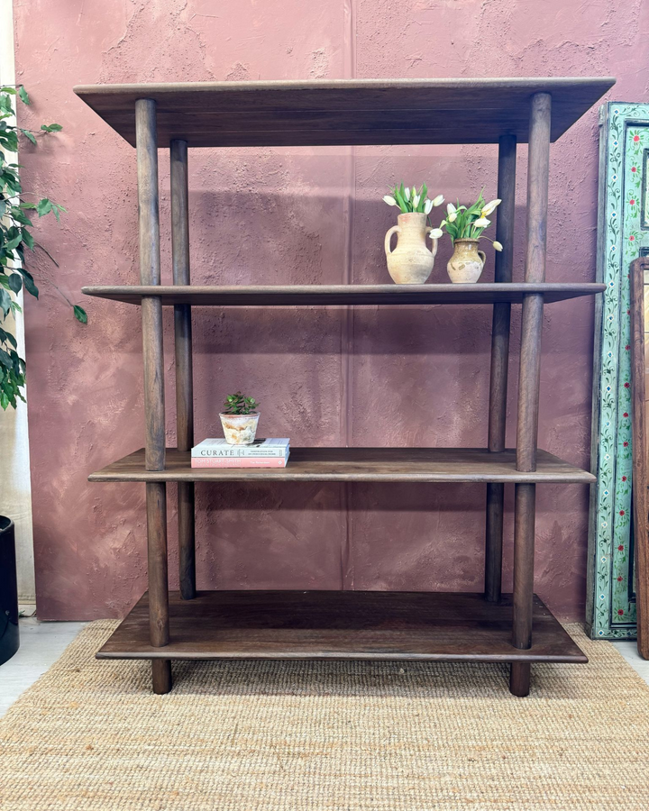 Mango Wood Open Bookcase – Four Shelves, Dark Stained Finish