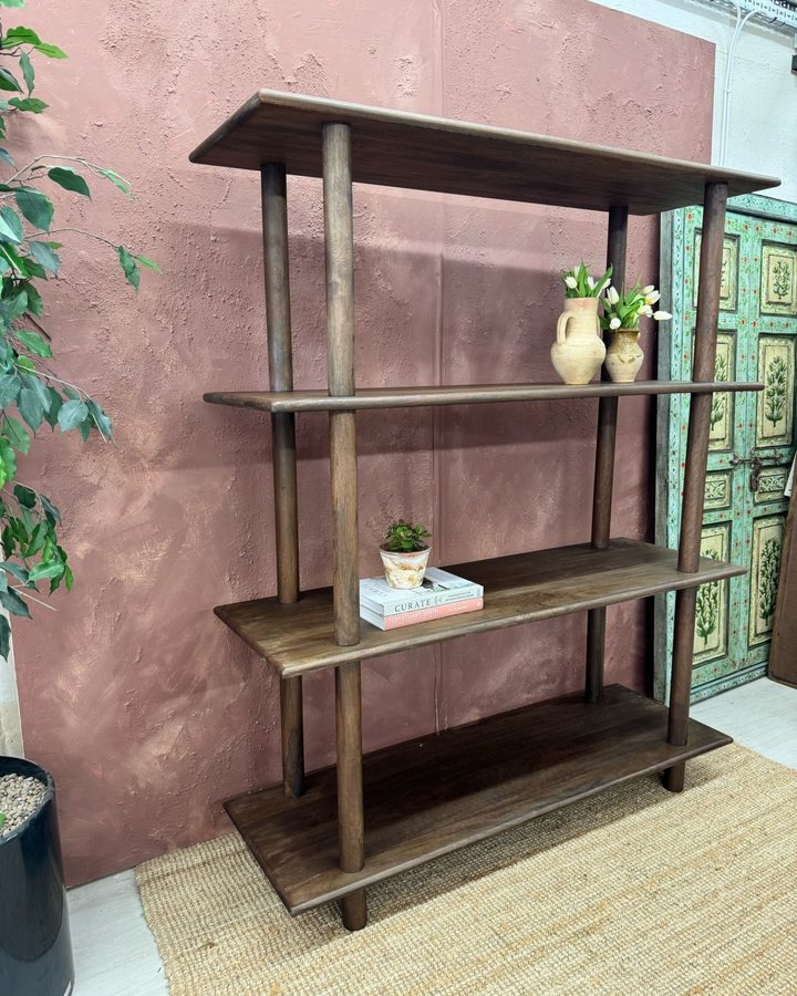 Mango Wood Open Bookcase – Four Shelves, Dark Stained Finish