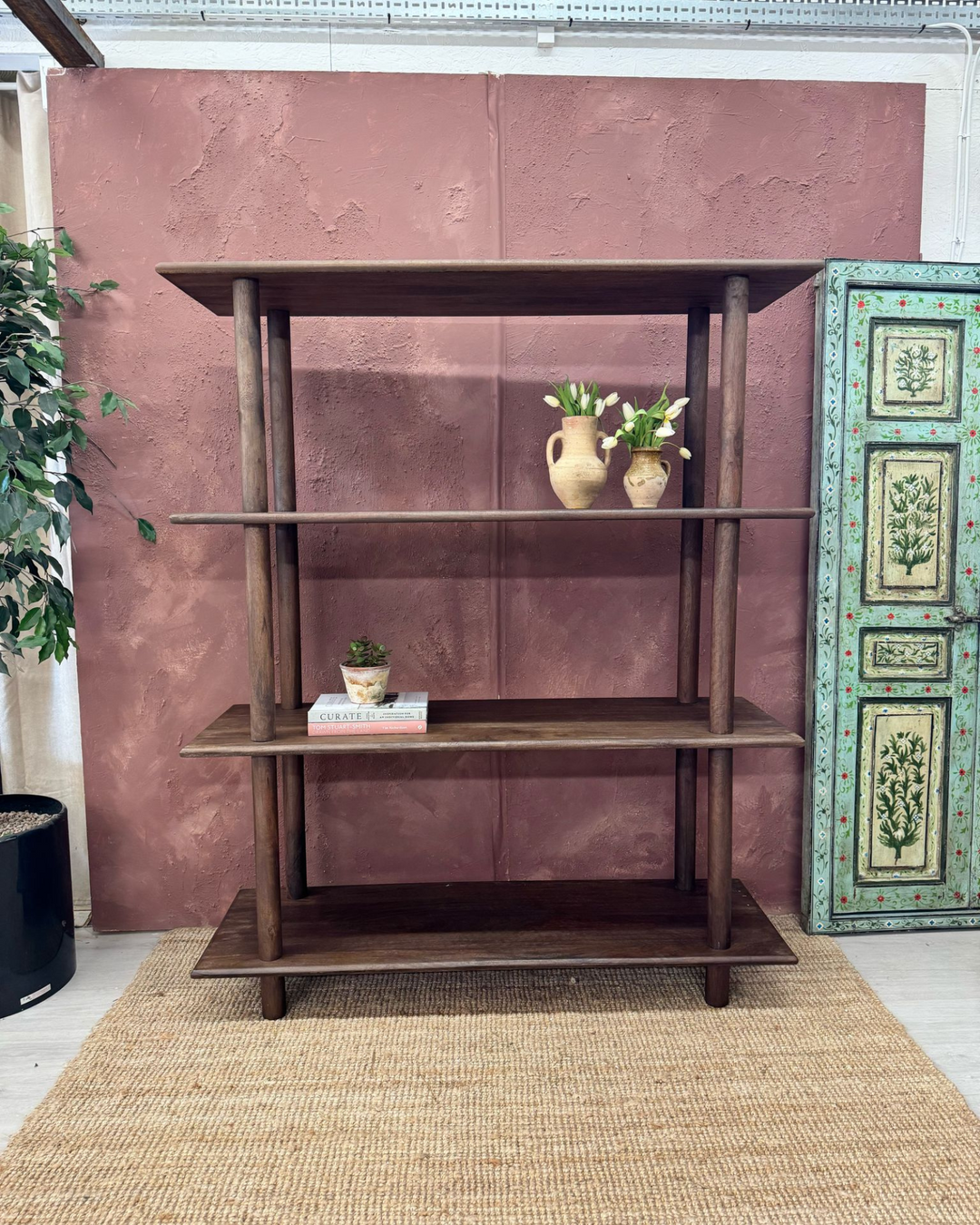 Mango Wood Open Bookcase – Four Shelves, Dark Stained Finish