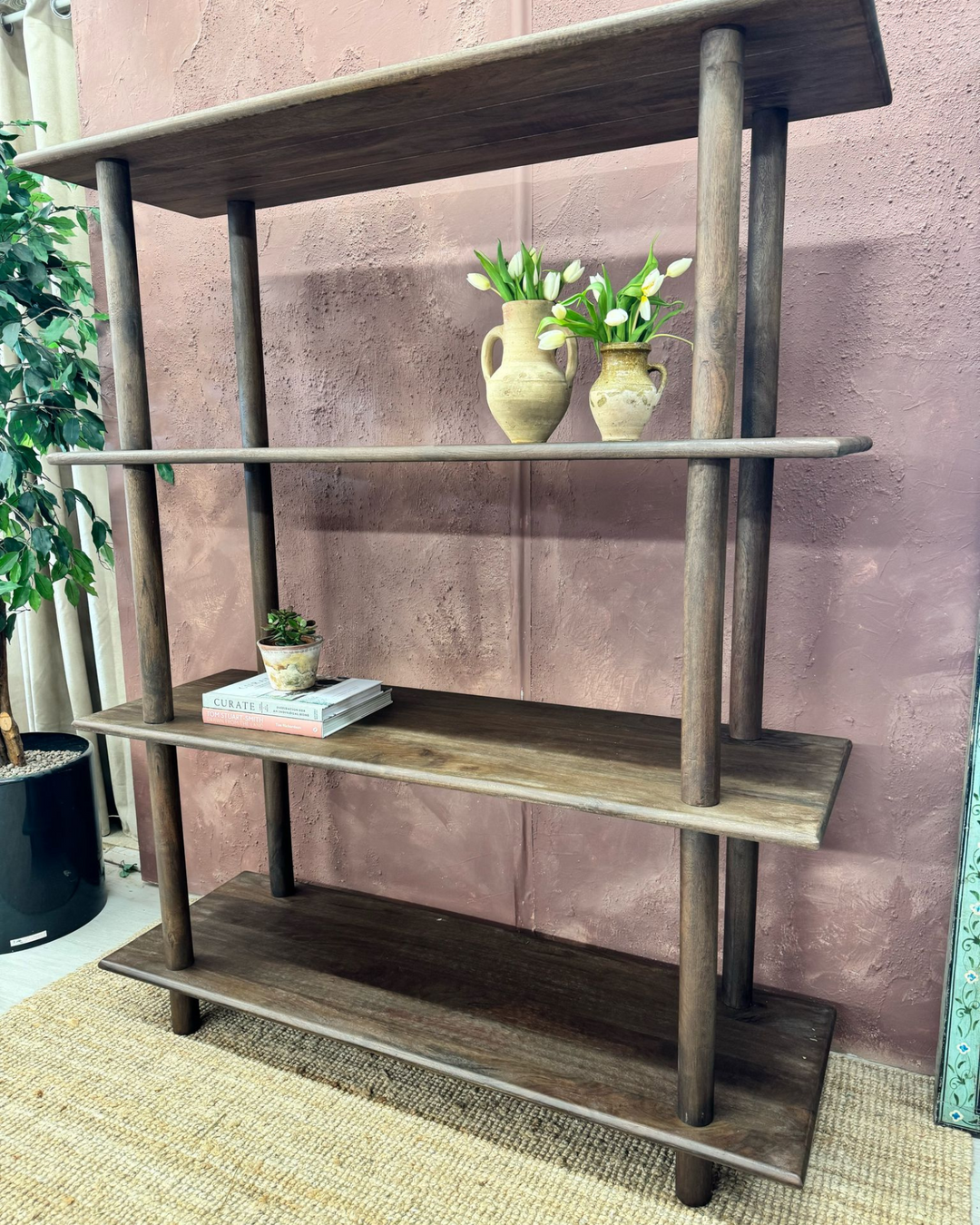 Mango Wood Open Bookcase – Four Shelves, Dark Stained Finish