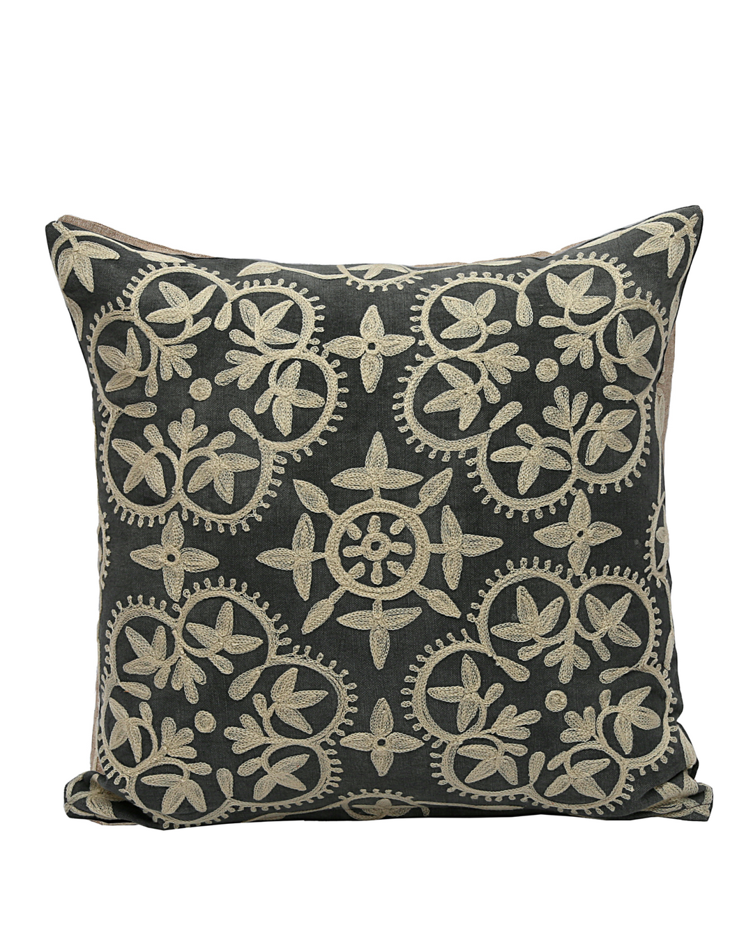 Funda de cojín bordada a mano: algodón y lino color carbón, diseño floral color crema (45 x 45 cm)