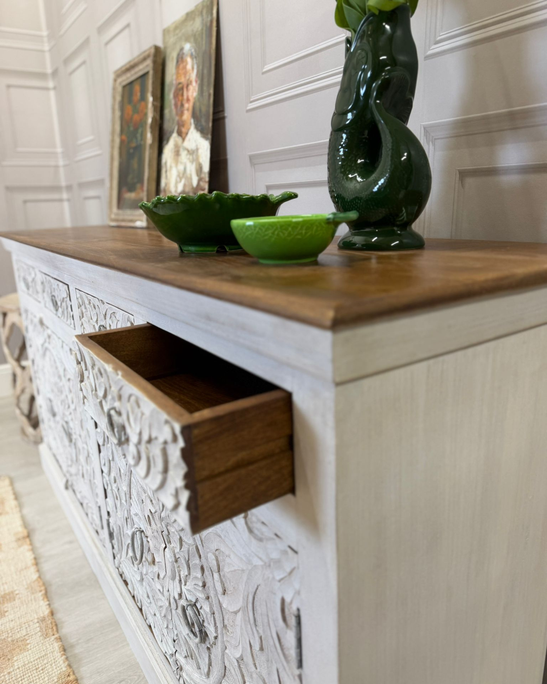 Hand-Carved Mango Wood Sideboard with Floral Detailing – Whitewashed Finish