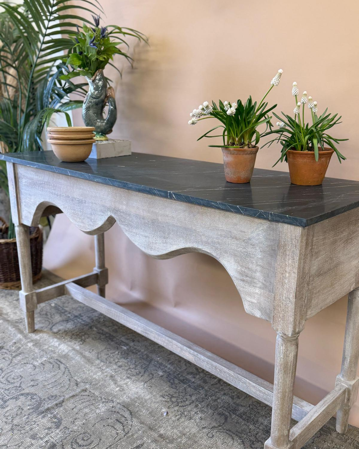 Natural Mango Wood Console Table with Black Grey Marble Top