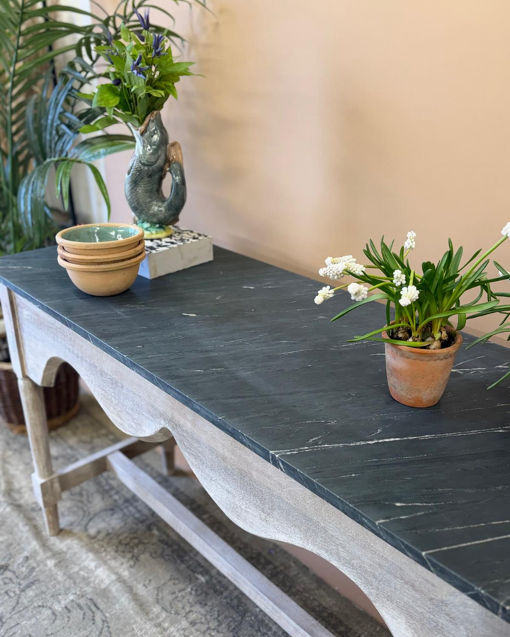 Natural Mango Wood Console Table with Black Grey Marble Top