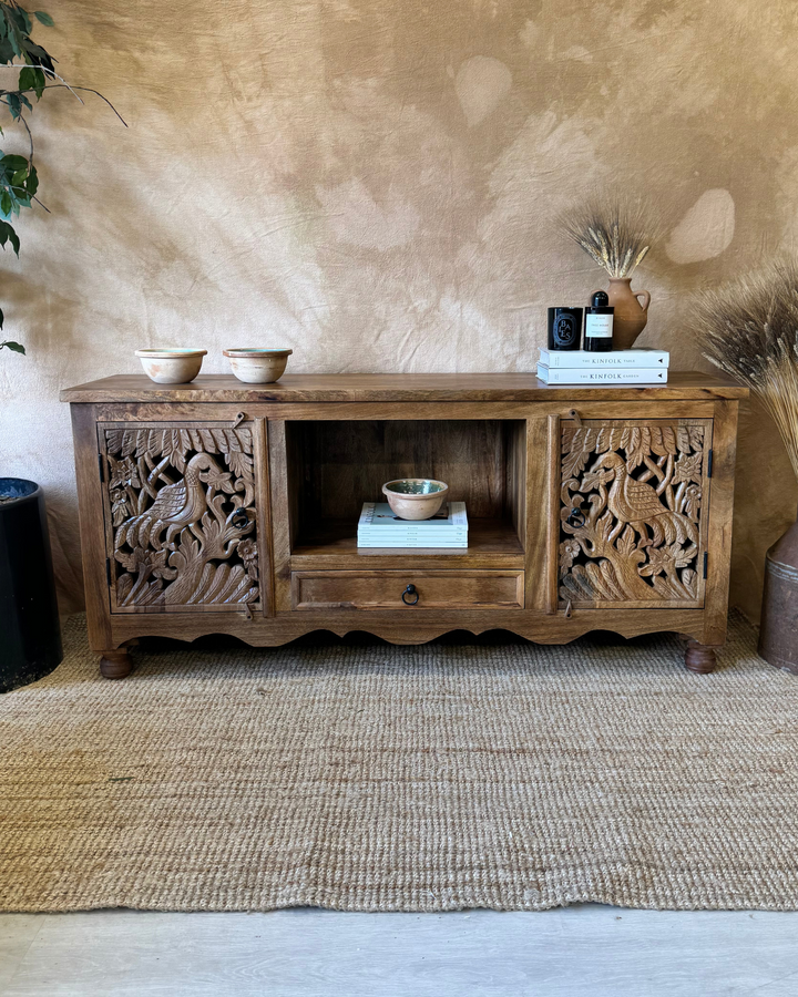 Hand-Carved Mango Wood TV Unit – Peacock Design with Storage