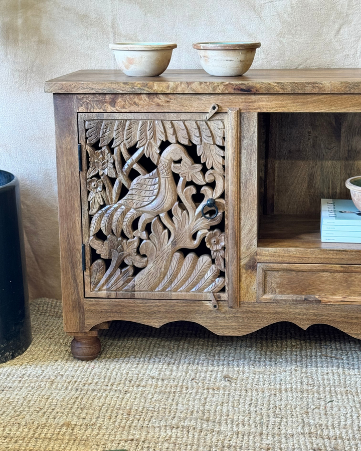 Hand-Carved Mango Wood TV Unit – Peacock Design with Storage