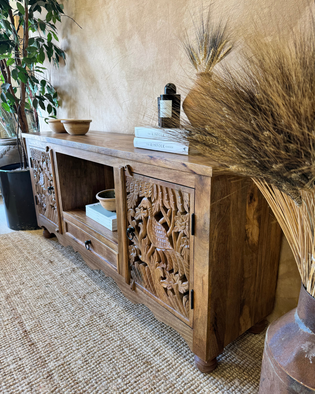 Hand-Carved Mango Wood TV Unit – Peacock Design with Storage