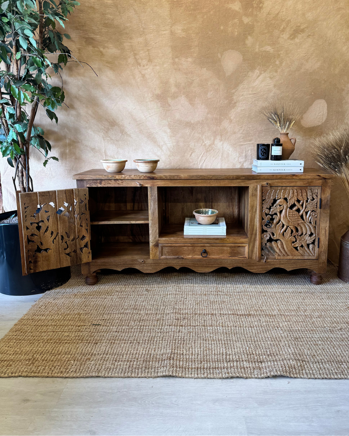 Hand-Carved Mango Wood TV Unit – Peacock Design with Storage