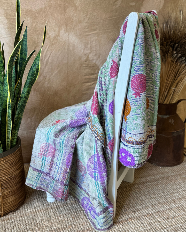 Vintage Hand-Embroidered Kantha Throw – Botanical Stripe Sari in Lilac, Green &amp; Plum