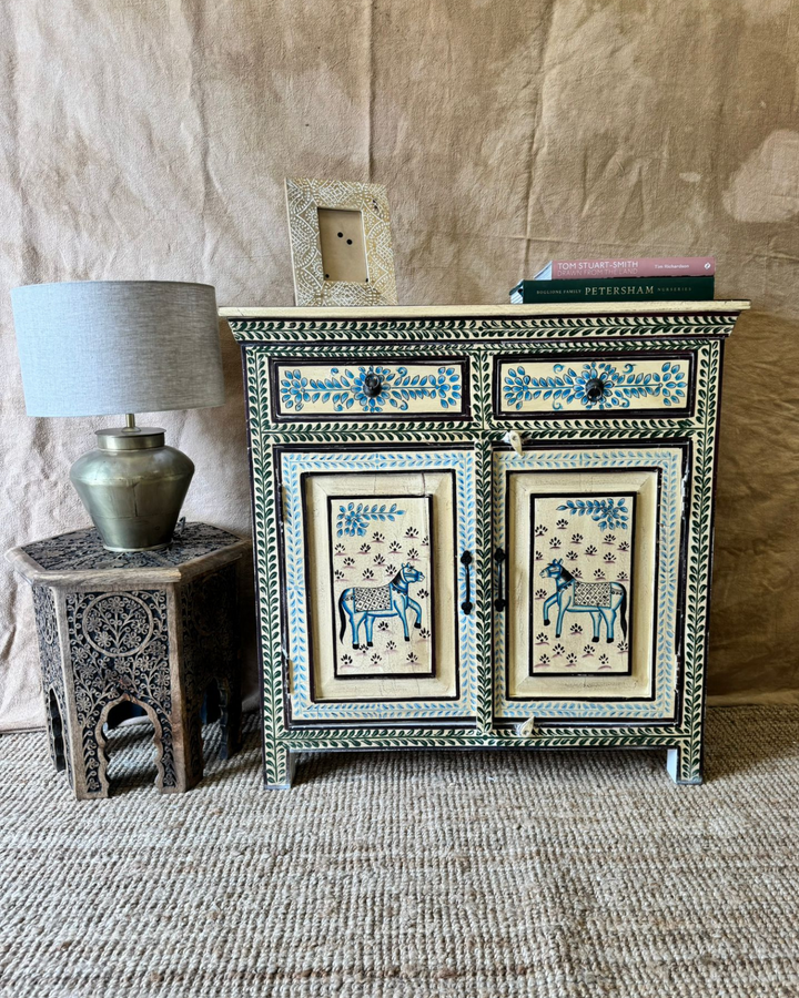 Hand-Painted Mango Wood Sideboard – Vintage Floral &amp; Animal Motifs