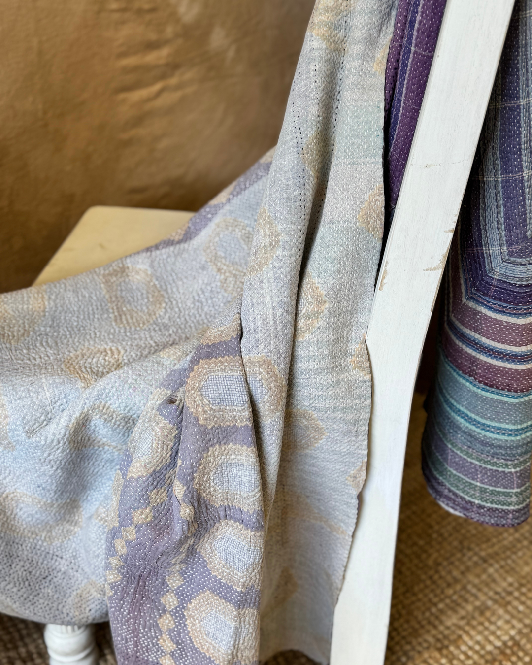Vintage Hand-Embroidered Kantha Throw – Indigo &amp; Ochre Motif Sari Quilt
