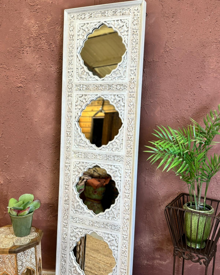Large Hand-Carved Mango Wood Wall Mirror – Traditional Indian Motifs