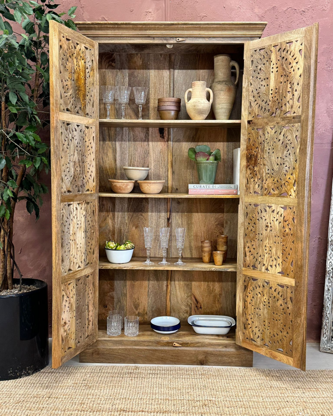 Hand-Carved Mango Wood Armoire with Circular Floral Design – Natural Finish