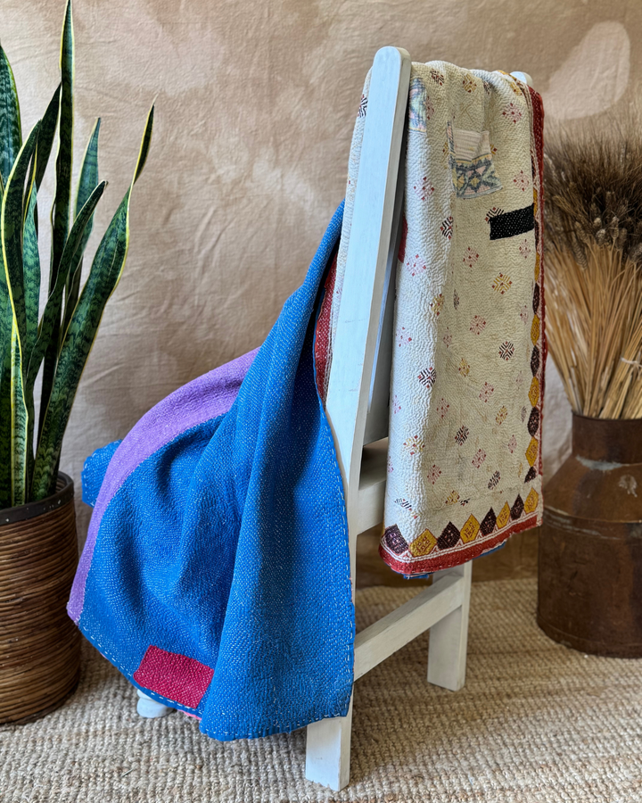 Vintage Hand-Embroidered Kantha Throw – Embroidered Sari in Cream with Indigo &amp; Ochre Accents