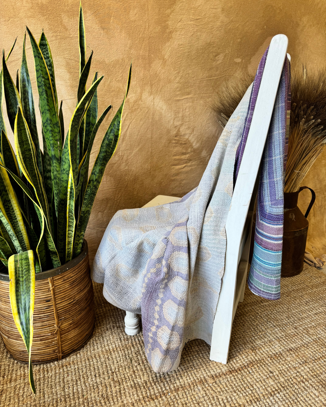 Vintage Hand-Embroidered Kantha Throw – Indigo &amp; Ochre Motif Sari Quilt